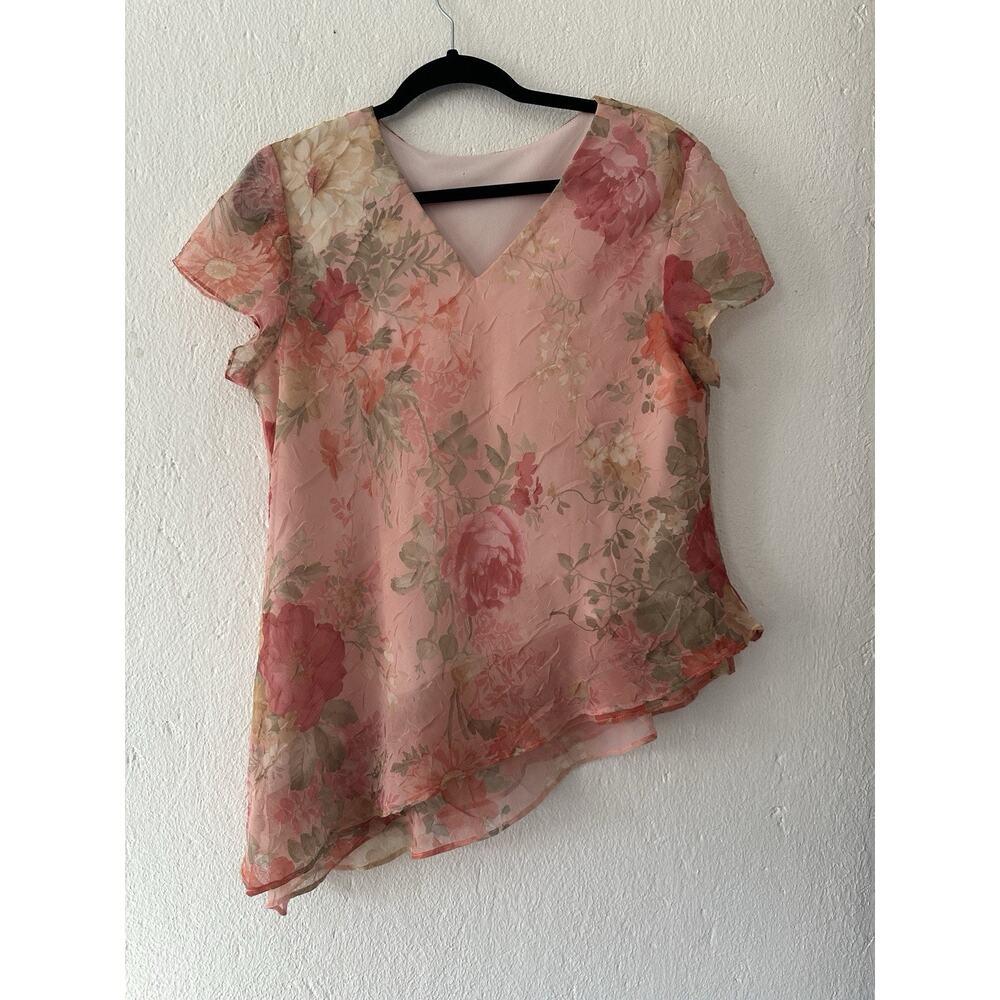 Y2K Cottagecore Fairy Sheer Floral Top Pink Chiffon Asymmetrical Hem Romantic